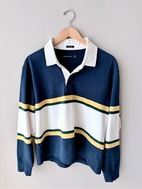 Abercrombie & Fitch Navy Rugby Polo with White Collar and Yellow & Green Stripes